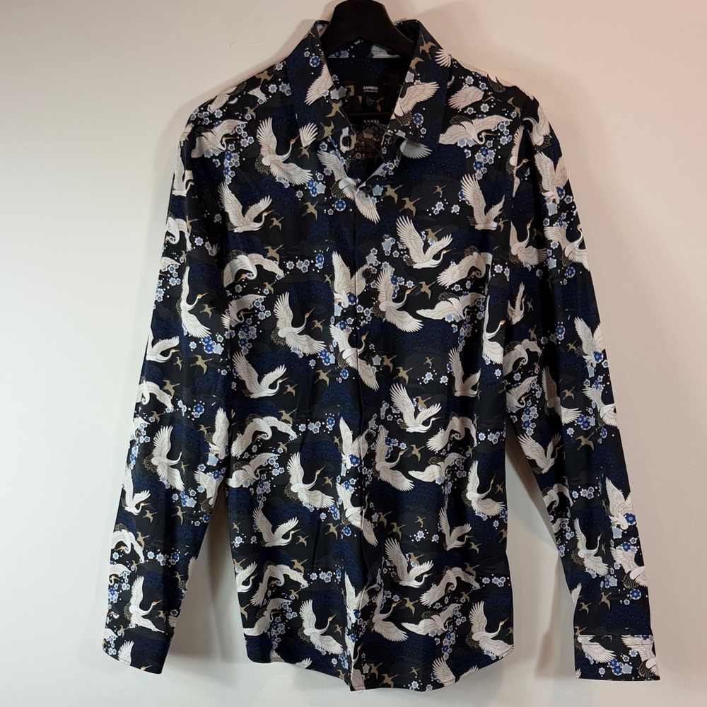 Express Men’s Navy Blue Button-Down Shirt with White Crane Print